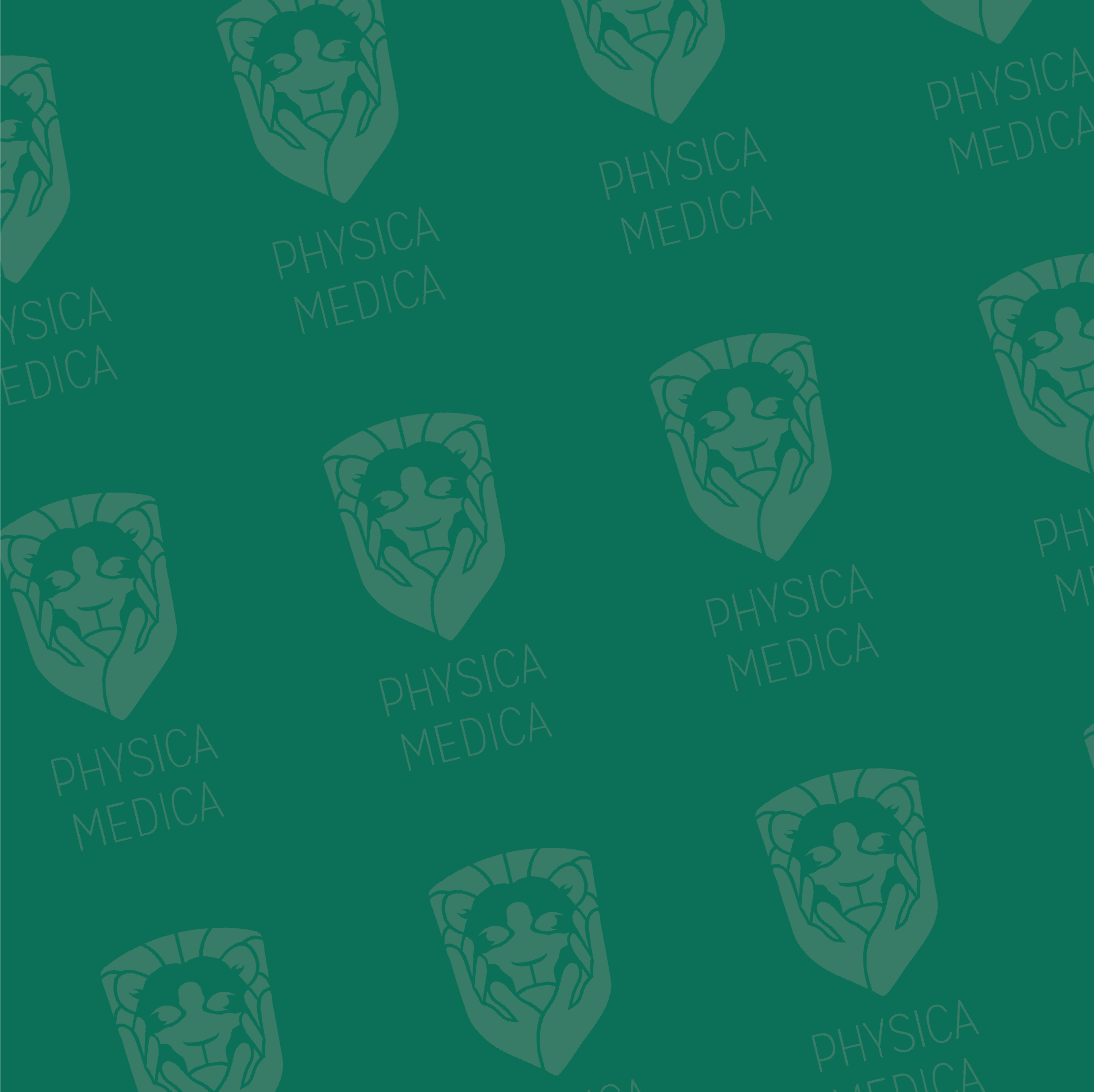 Teal green background with faded Physica Medica lion logo pattern used as hero banner