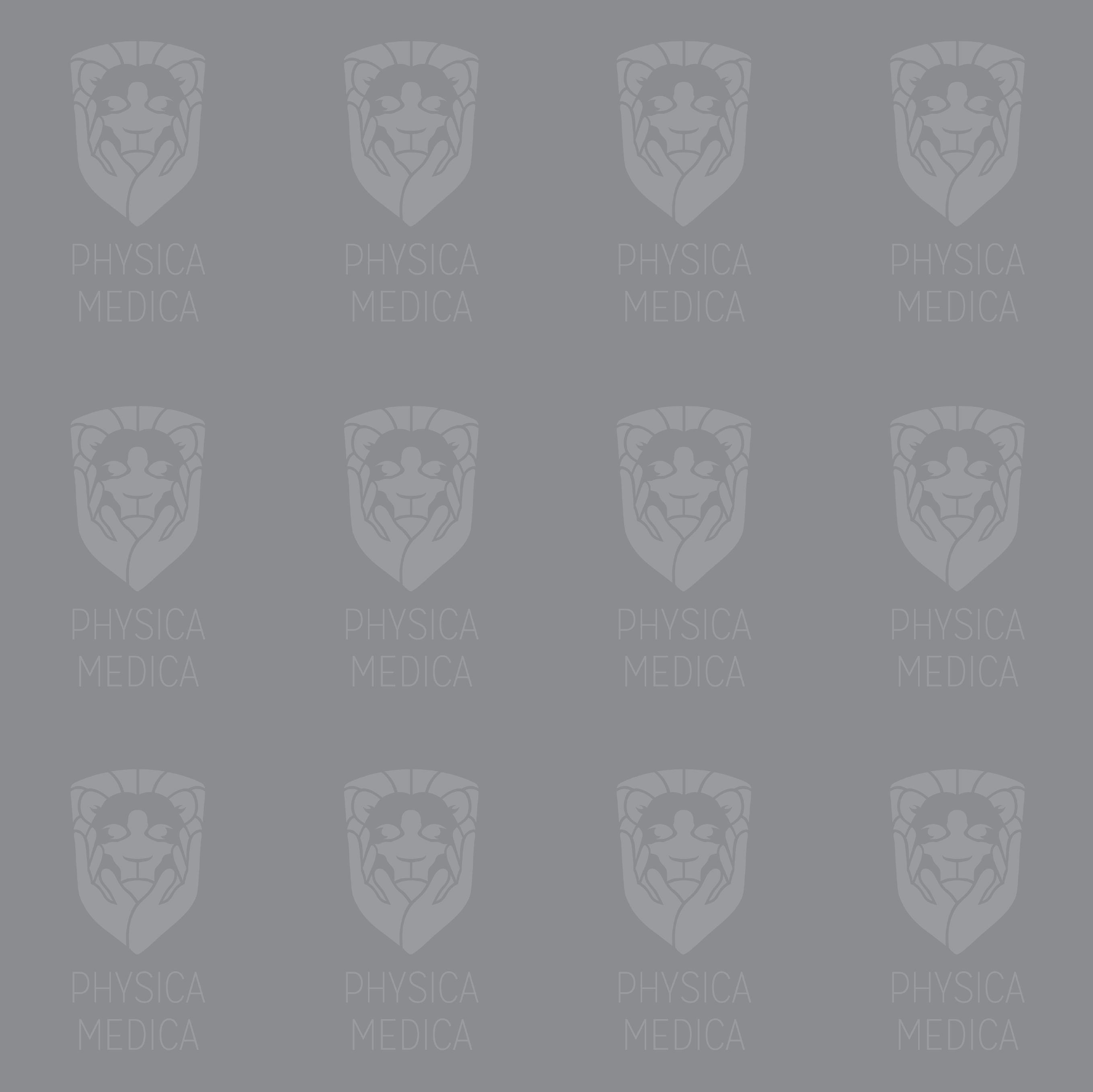 Faded Physica Medica logo pattern on gray background used as hero banner backdrop